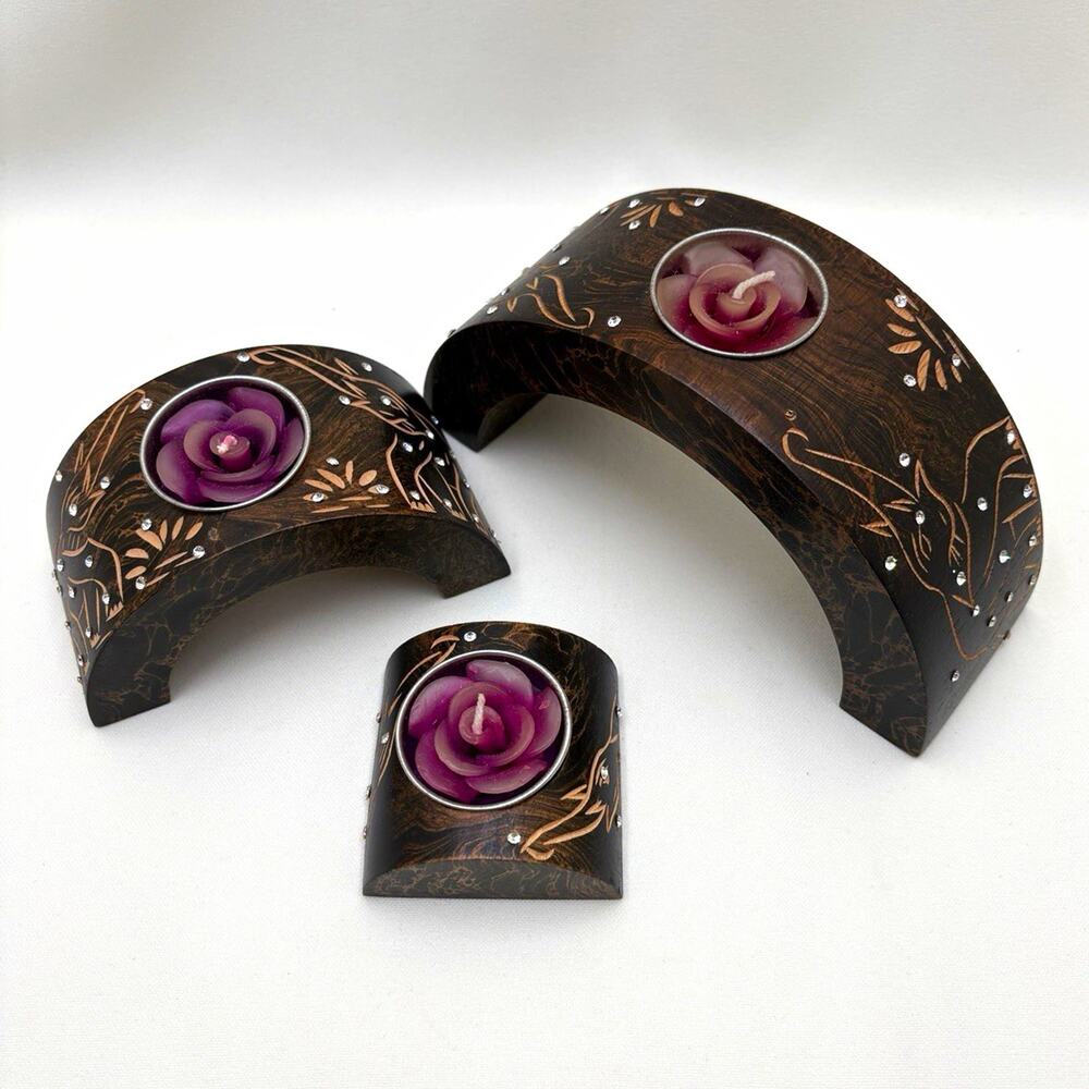 Carved Nesting Wooden Arch Tea Light Candle Holders With Clear Faux Rhinestones